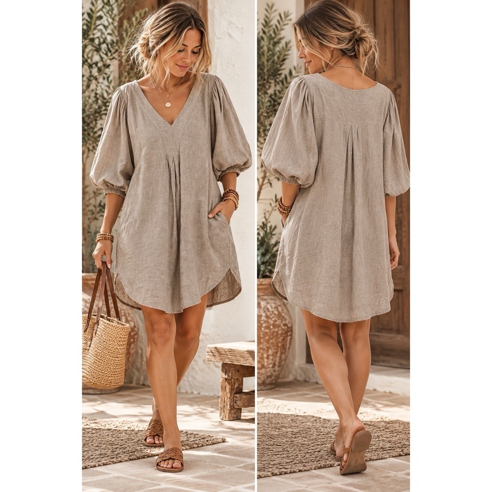 Cynthia Rowley Linen Blend Dress XL Taupe V Neck Puff Sleeve Coastal Boho